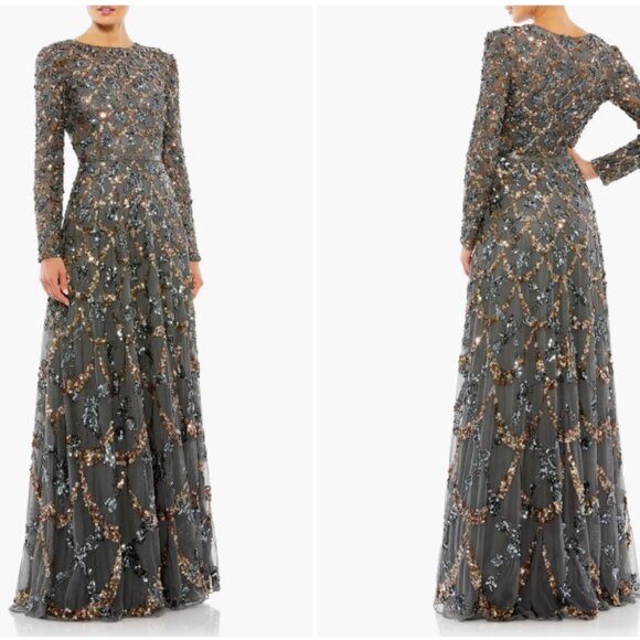 NEW Mac Duggal 5496 Beaded Sequin High Neck A Line Gown‎ Dress Charcoal Gold - Picture 1 of 7